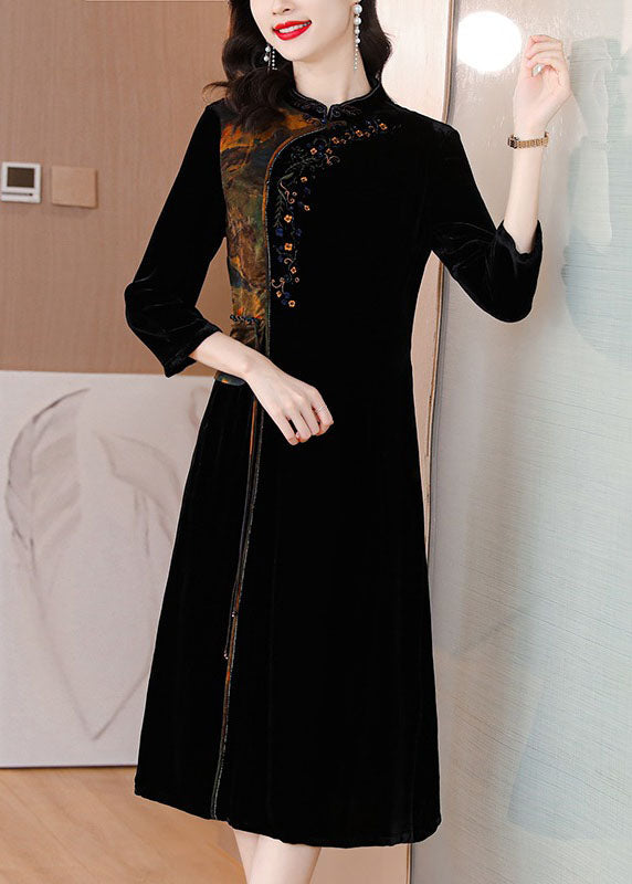Bohemian Black Print Embroideried Tassel Silk Velour Maxi Dresses Fall