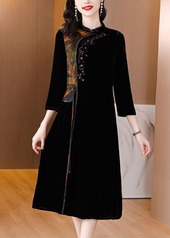 Bohemian Black Print Embroideried Tassel Silk Velour Maxi Dresses Fall