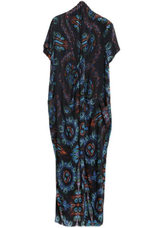 Bohemian Black Print asymmetrical design silk Mid Dress Summer - Omychic