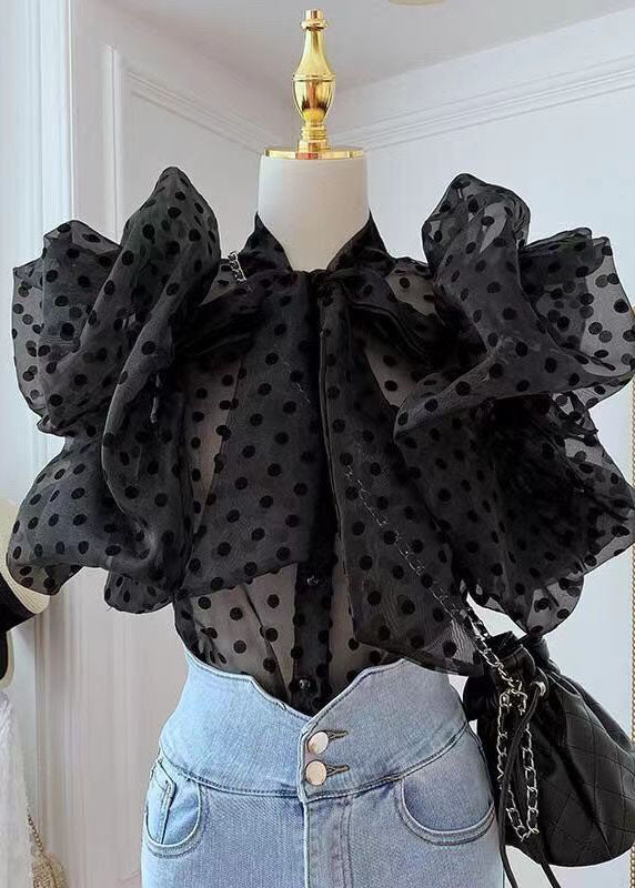 Bohemian Black Ruffled Bow Patchwork Tulle Shirts Summer