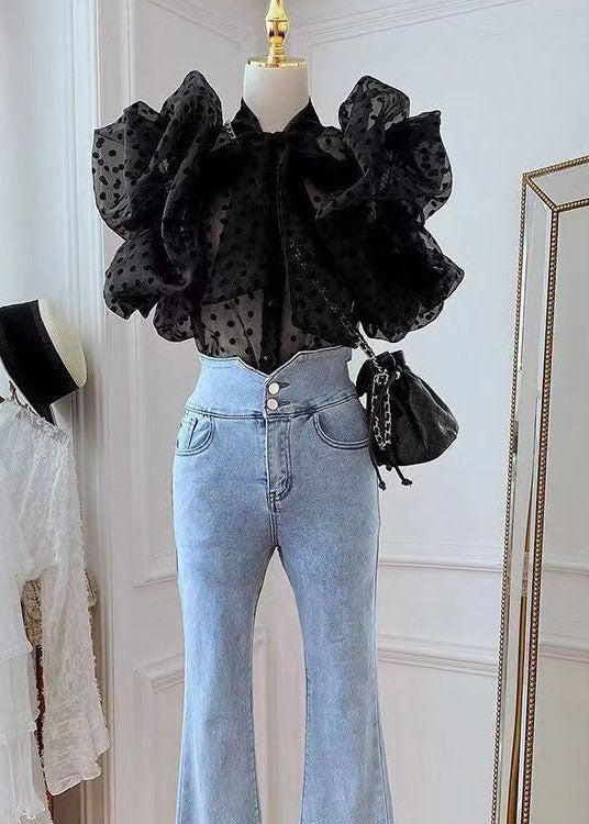 Bohemian Black Ruffled Bow Patchwork Tulle Shirts Summer