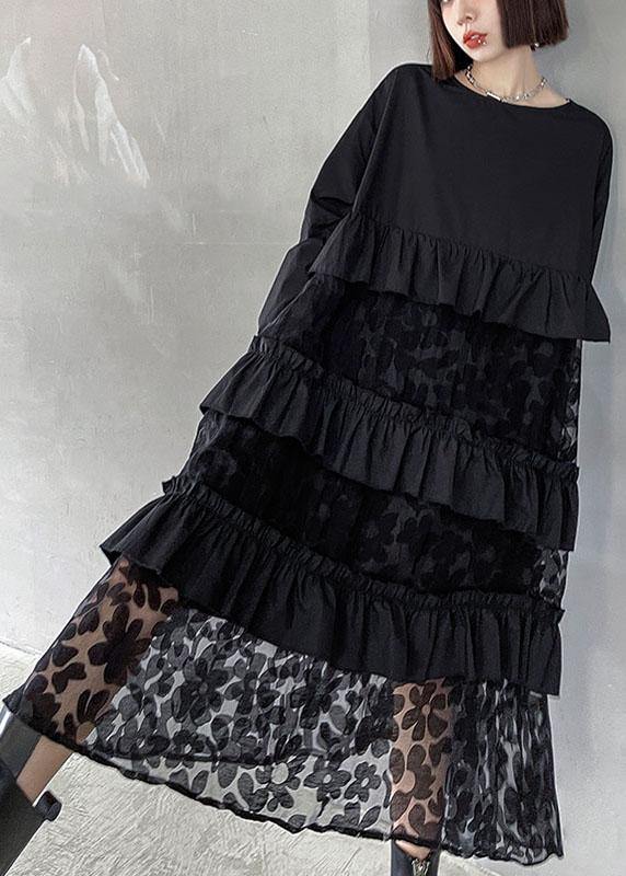 Bohemian Black Ruffles Pockets Patchwork Fall Dresses Long sleeve - SooLinen