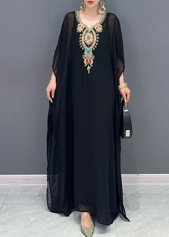 Bohemian Black V Neck Embroideried Patchwork Tulle Maxi Dresses Long Sleeve