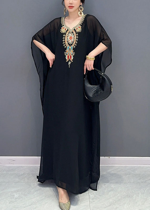 Bohemian Black V Neck Embroideried Patchwork Tulle Maxi Dresses Long Sleeve