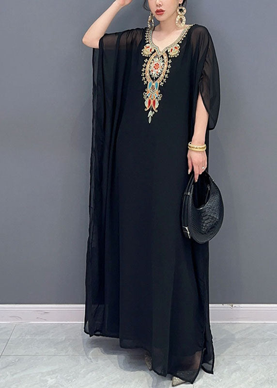 Bohemian Black V Neck Embroideried Patchwork Tulle Maxi Dresses Long Sleeve