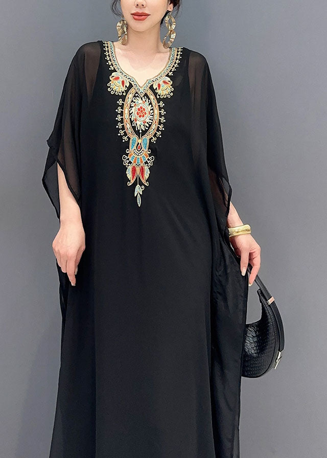 Bohemian Black V Neck Embroideried Patchwork Tulle Maxi Dresses Long Sleeve