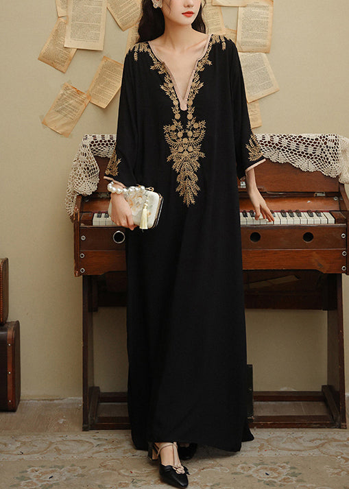 Bohemian Black V Neck Embroideried Side Open Cotton Long Dress Spring
