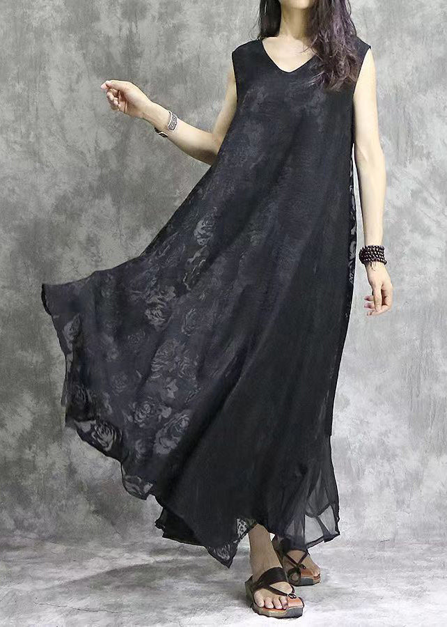 Bohemian Black V Neck Exra Large Hem Silk Beach Dress Sleeveless