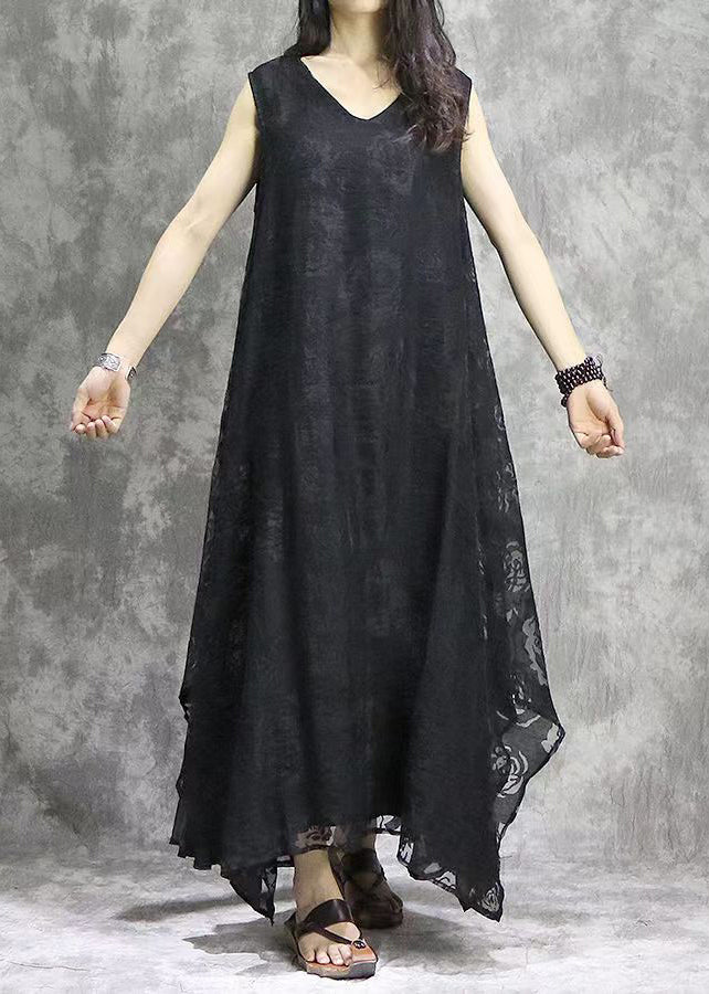 Bohemian Black V Neck Exra Large Hem Silk Beach Dress Sleeveless