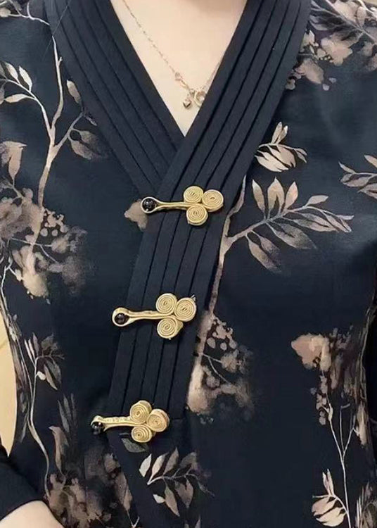 Bohemian Black V Neck Print Chinese Button Cotton Top Spring
