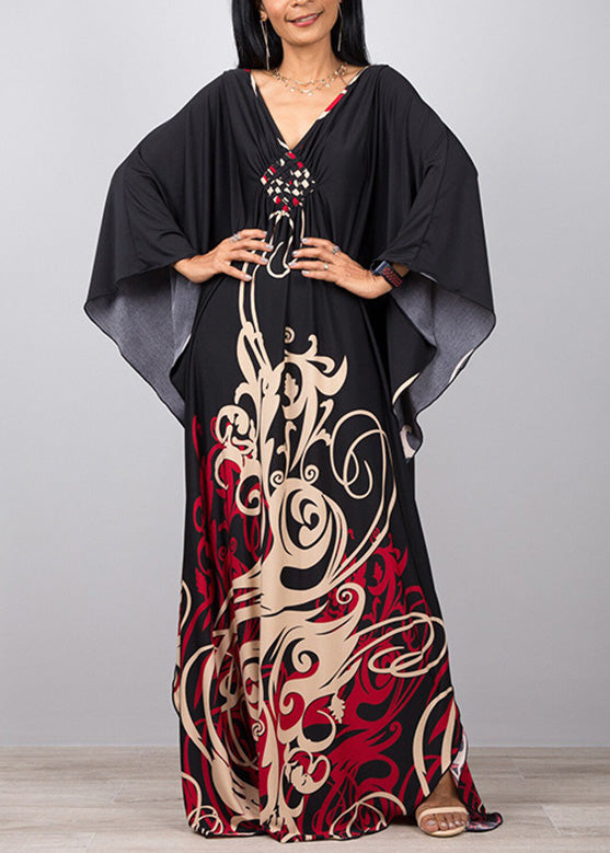 Bohemian Black V Neck Print Holiday Maxi Dress Long Sleeve