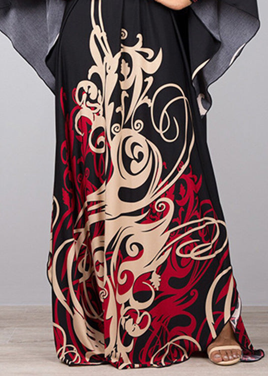 Bohemian Black V Neck Print Holiday Maxi Dress Long Sleeve