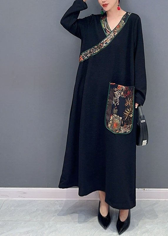 Bohemian Black V Neck Print Patchwork Long Dress Fall