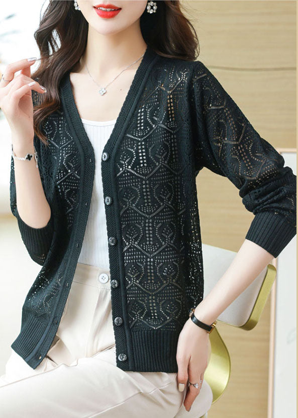 Bohemian Black V Neck Solid Ice Size Knit Cardigans Summer