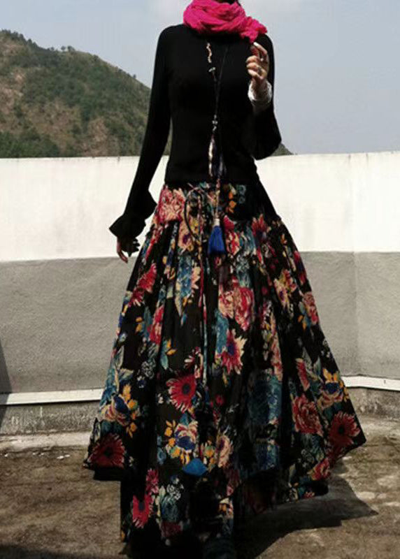 Bohemian Black Wrinkled Asymmetrical Print Cotton Skirts Spring