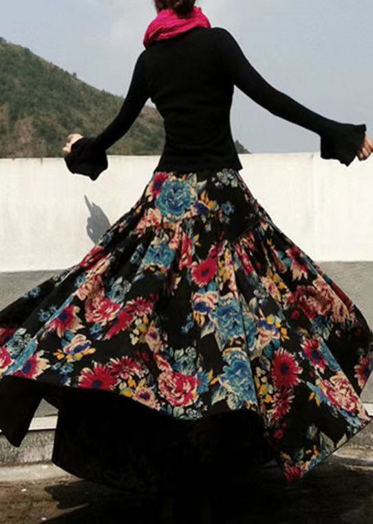 Bohemian Black Wrinkled Asymmetrical Print Cotton Skirts Spring