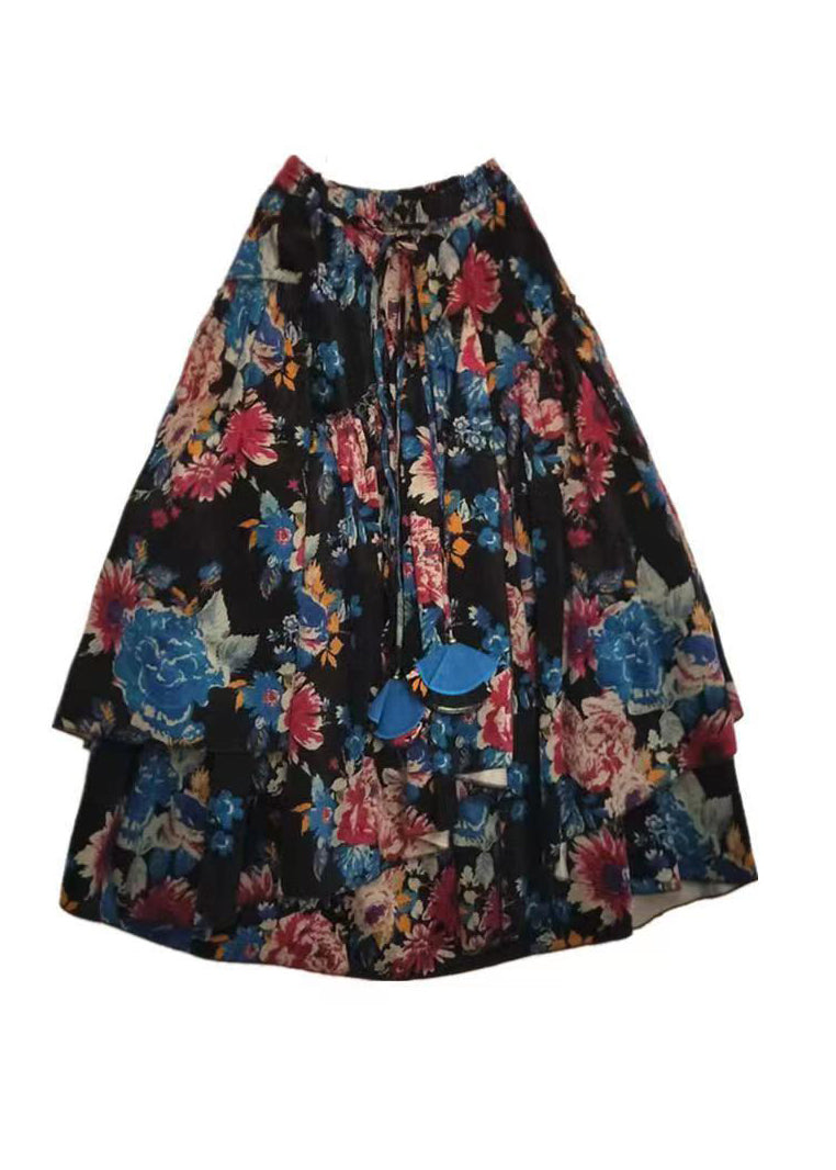 Bohemian Black Wrinkled Asymmetrical Print Cotton Skirts Spring