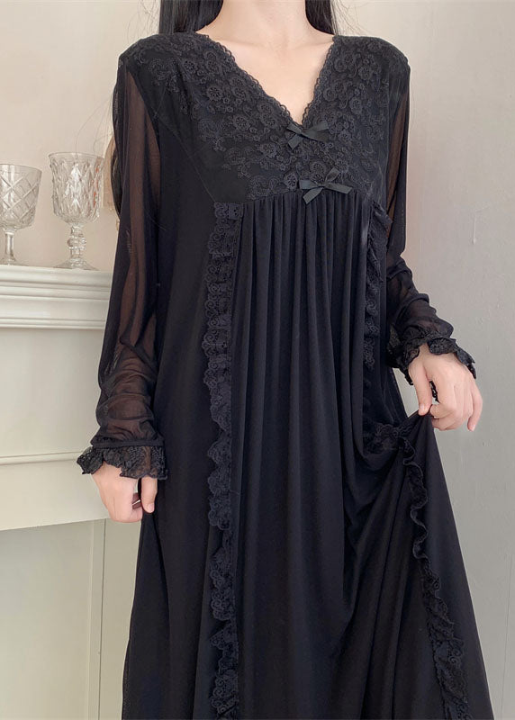 Bohemian Black Wrinkled Ruffled Lace Patchwork Tulle Vacation Maxi Dresses Long Sleeve