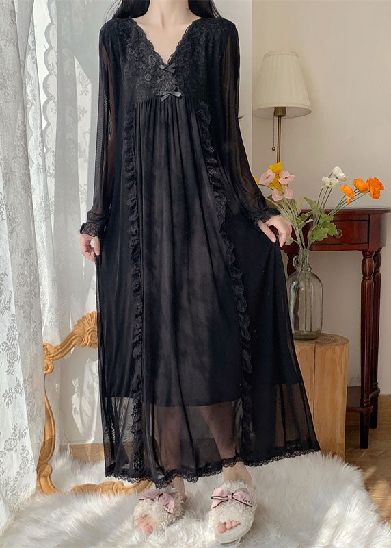Bohemian Black Wrinkled Ruffled Lace Patchwork Tulle Vacation Maxi Dresses Long Sleeve