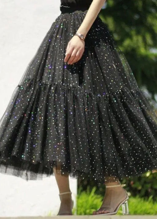 Bohemian Black Wrinkled Sequins Patchwork Tulle Skirt Spring