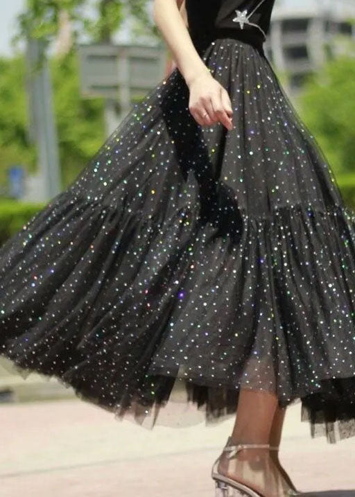 Bohemian Black Wrinkled Sequins Patchwork Tulle Skirt Spring