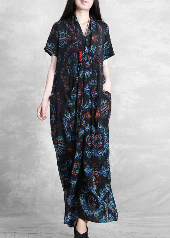 Bohemian Blue Black V Neck Print Wrinkled Silk Ankle Dress Summer