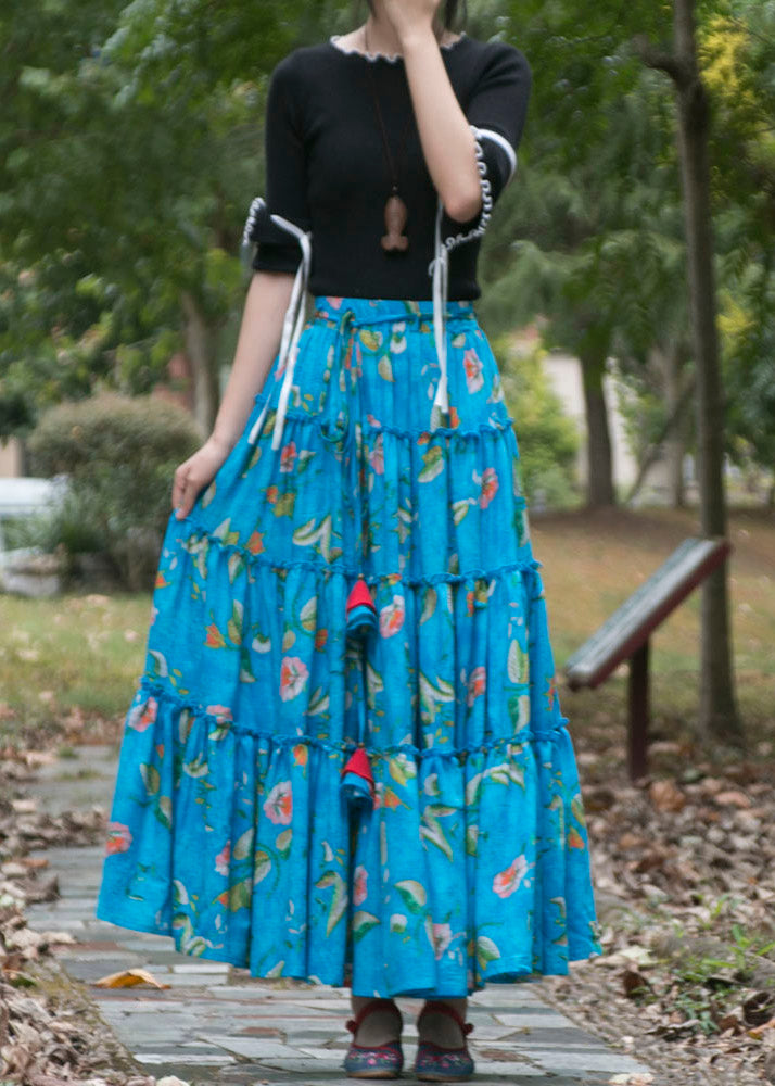 Bohemian Blue Cinched Print High Waist Patchwork Cotton Skirts Summer