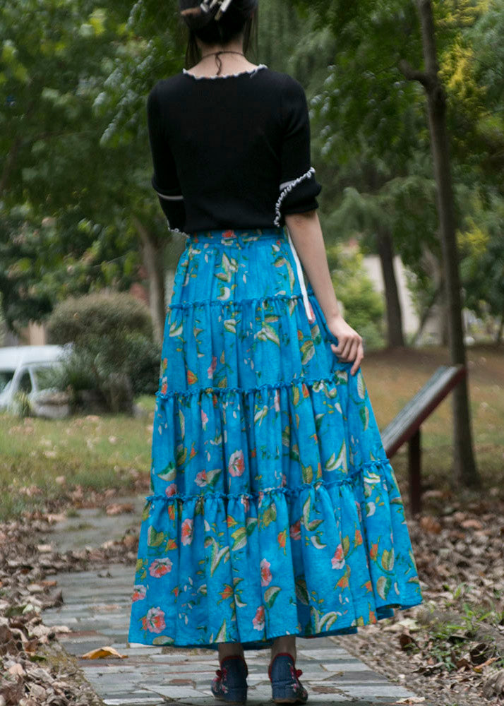 Bohemian Blue Cinched Print High Waist Patchwork Cotton Skirts Summer