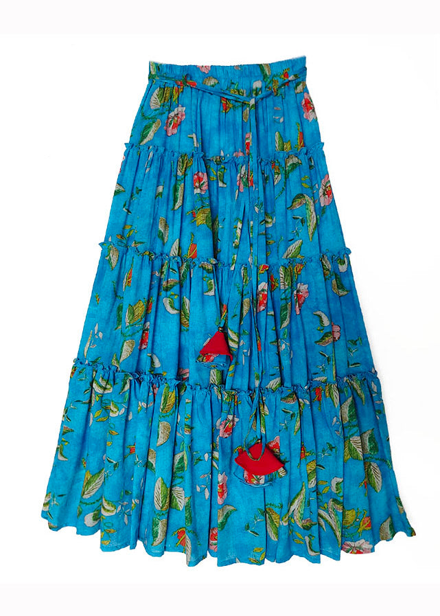 Bohemian Blue Cinched Print High Waist Patchwork Cotton Skirts Summer