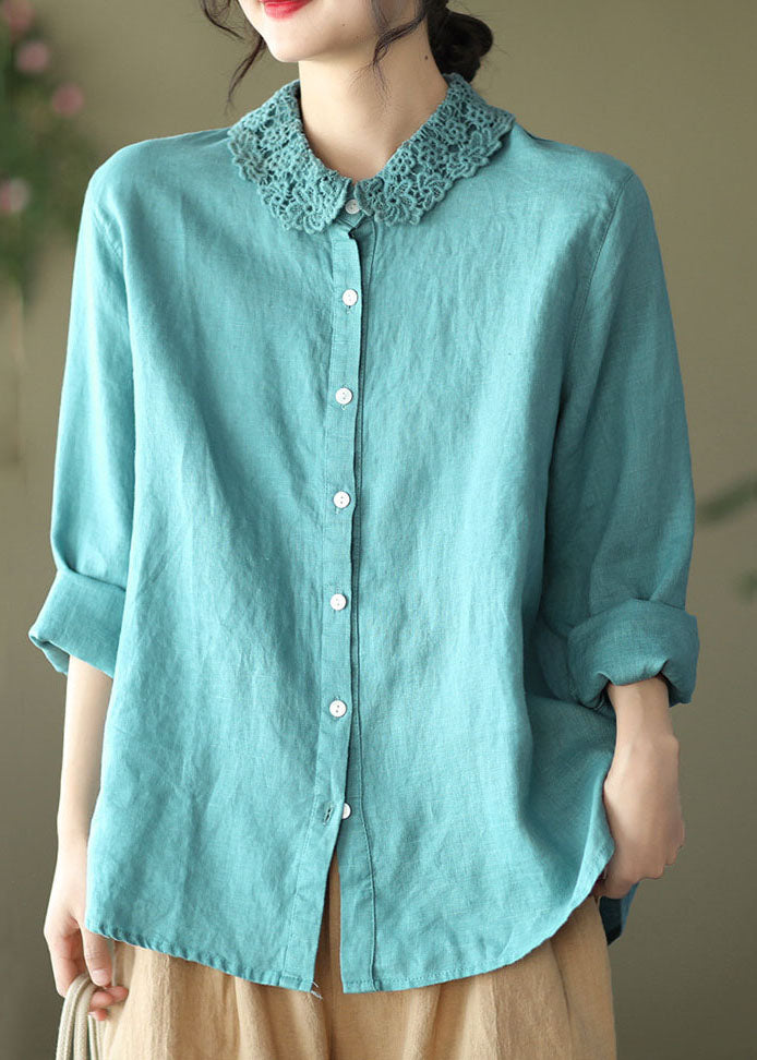 Bohemian Blue Embroideried Patchwork Linen Blouse Top Long Sleeve