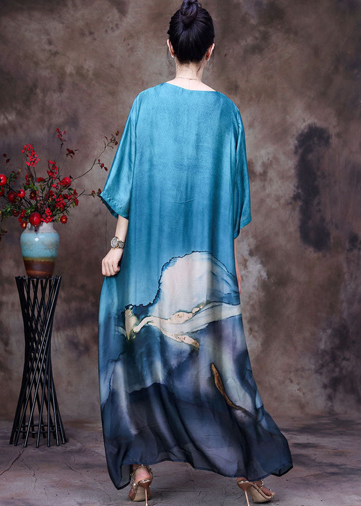 Bohemian Blue O-Neck Layered Design Print Silk Dresses For Women Bracelet Sleeve