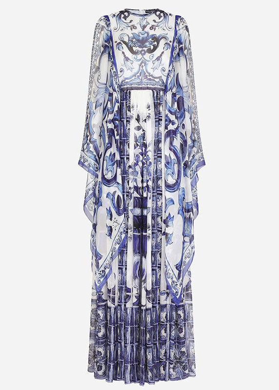 Bohemian Blue O-Neck Print Chiffon Maxi Dress Cloak Sleeves