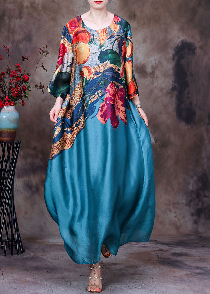 Bohemian Blue O-Neck Print Silk Party Dress Long Sleeve