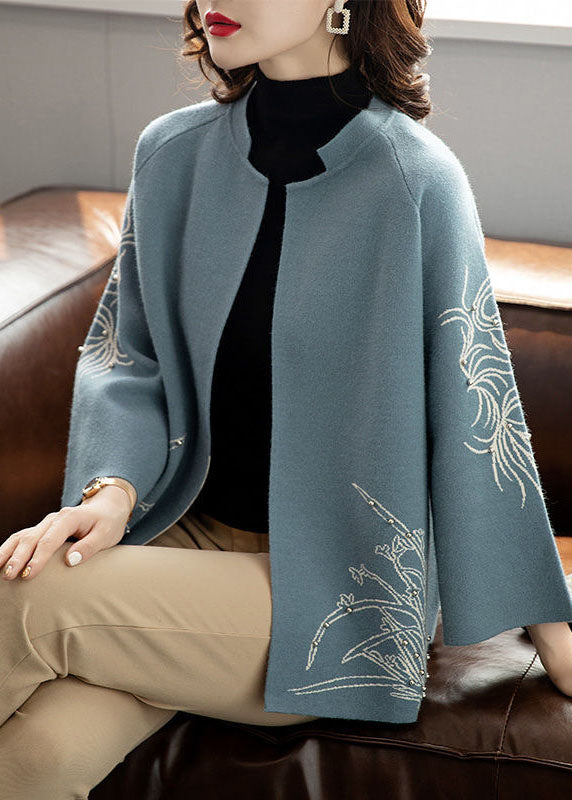 Bohemian Blue O-Neck Print Woolen Loose Coat Long Sleeve