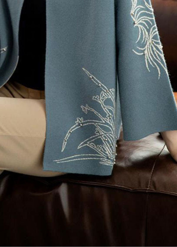 Bohemian Blue O-Neck Print Woolen Loose Coat Long Sleeve