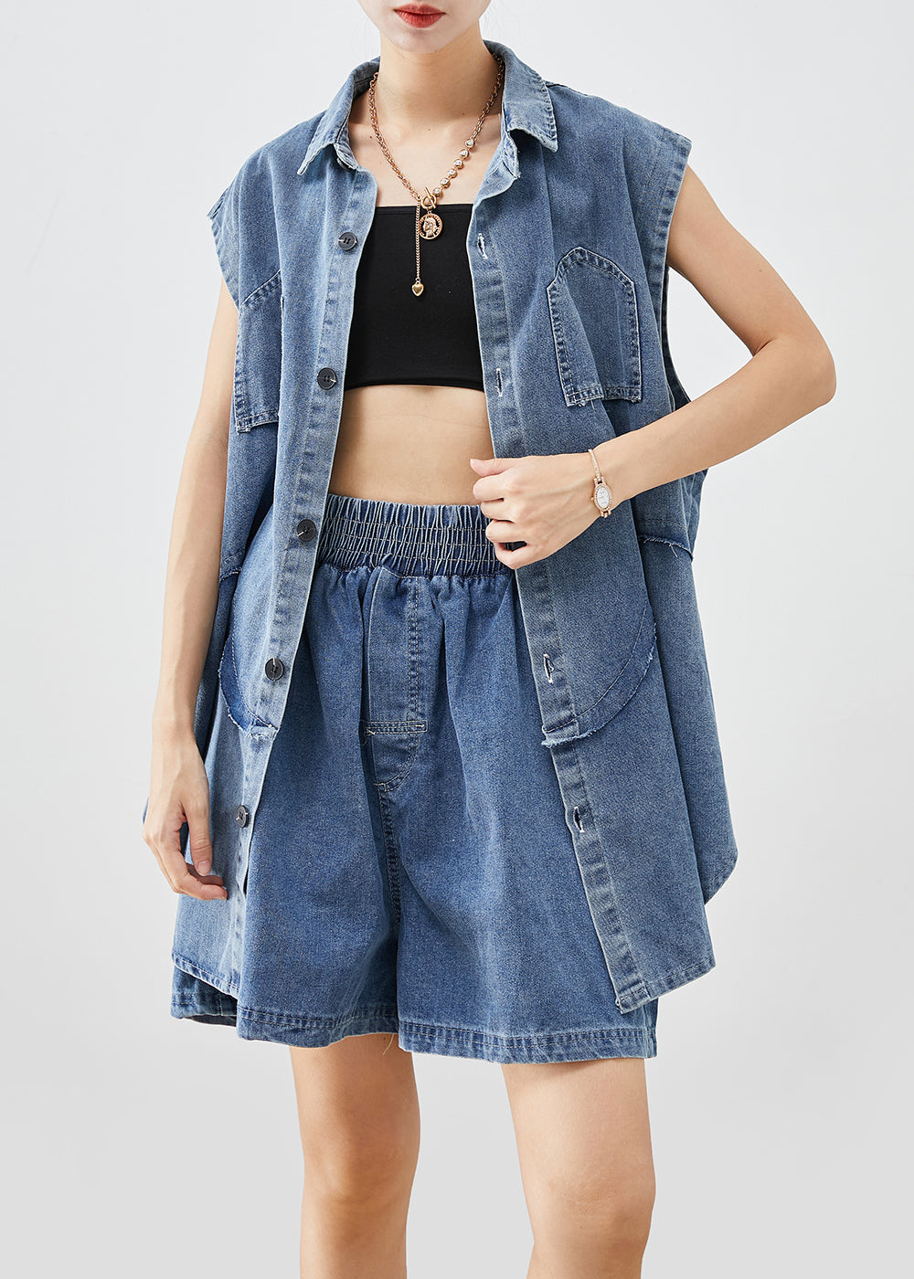 Bohemian Blue Oversized Patchwork Denim Two Piece Set Outfits Sleeveless