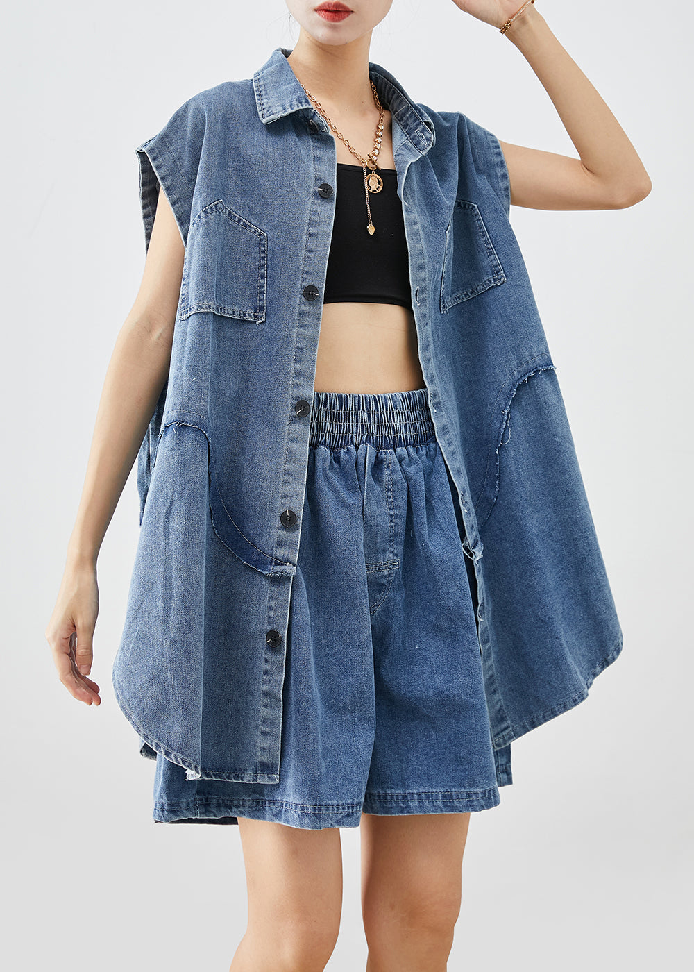 Bohemian Blue Oversized Patchwork Denim Two Piece Set Outfits Sleeveless