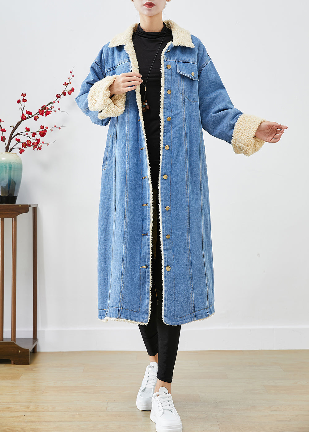 Bohemian Blue Oversized Thick Fleece Wool Lined Denim Trench Coats Winter