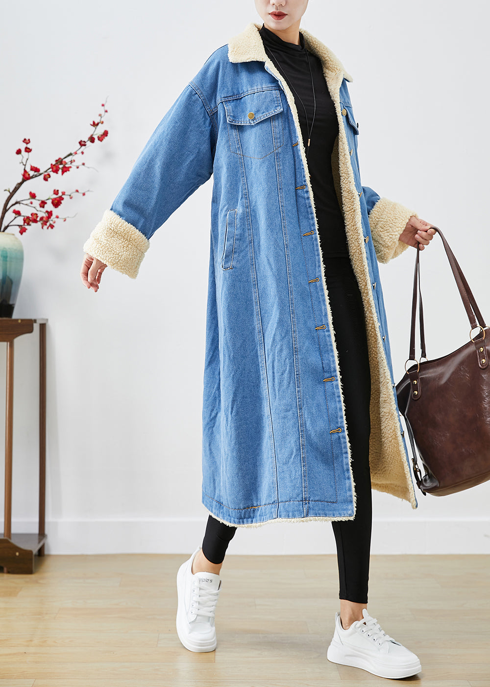 Bohemian Blue Oversized Thick Fleece Wool Lined Denim Trench Coats Winter