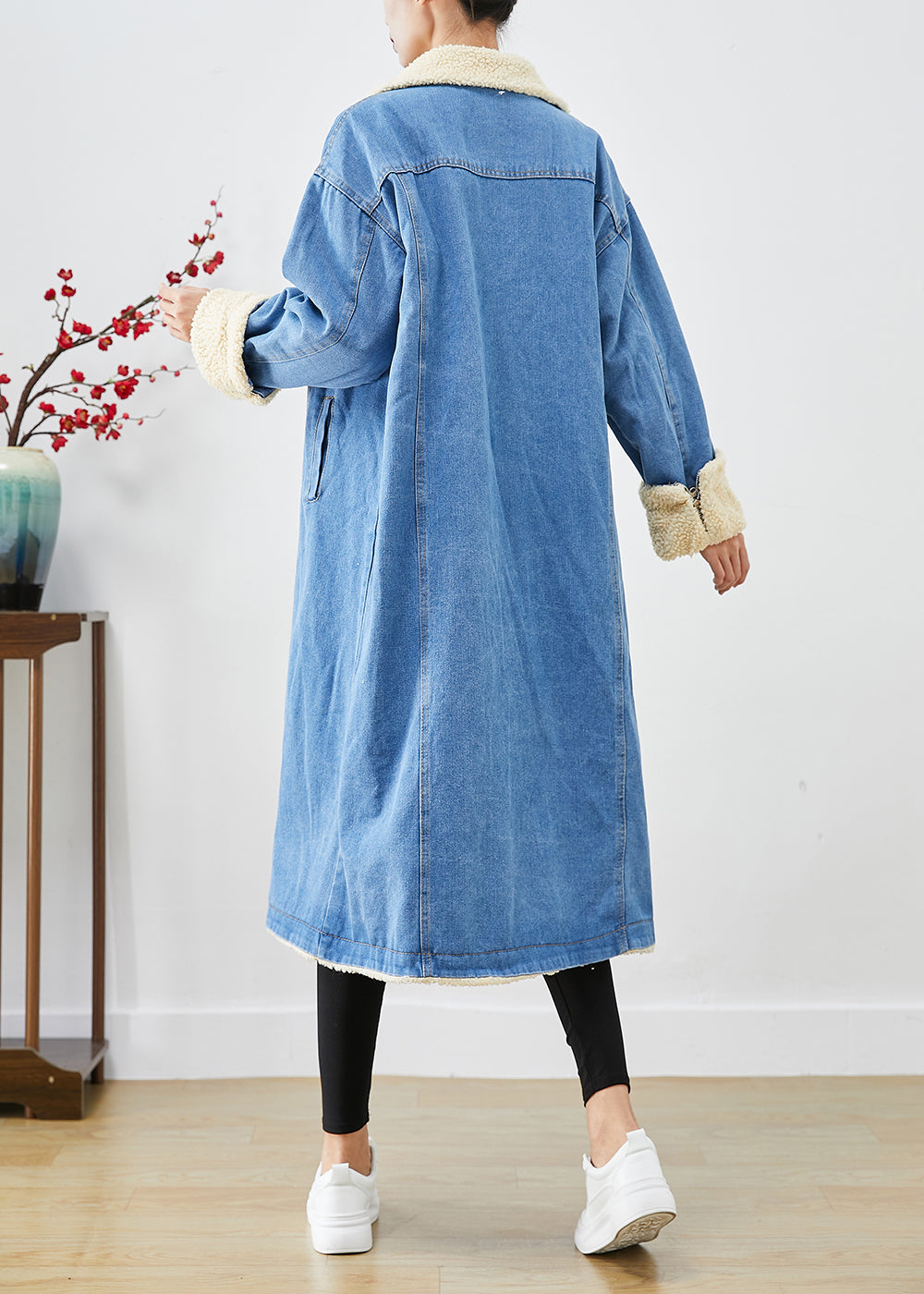 Bohemian Blue Oversized Thick Fleece Wool Lined Denim Trench Coats Winter