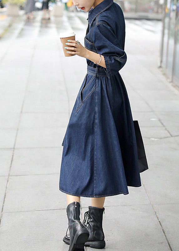 Bohemian Blue Peter Pan Collar Patchwork Sashes Long Denim Dresses Fall