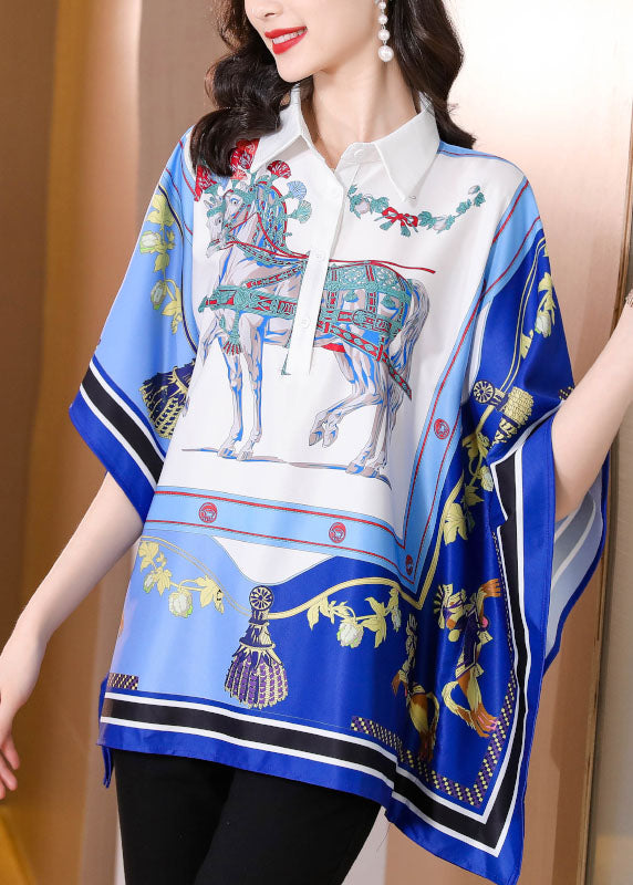 Bohemian Blue Peter Pan Collar Print Chiffon Shirt Tops Batwing Sleeve