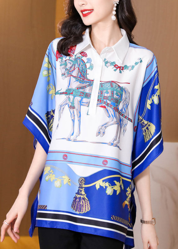 Bohemian Blue Peter Pan Collar Print Chiffon Shirt Tops Batwing Sleeve