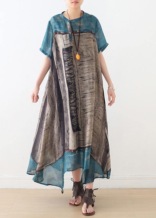 Bohemian Blue Print Button Vacation Summer Chiffon Dress - Omychic