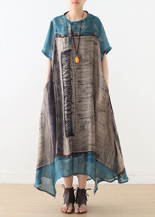 Bohemian Blue Print Button Vacation Summer Chiffon Dress - Omychic