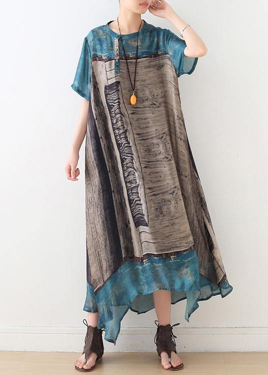 Bohemian Blue Print Button Vacation Summer Chiffon Dress - Omychic