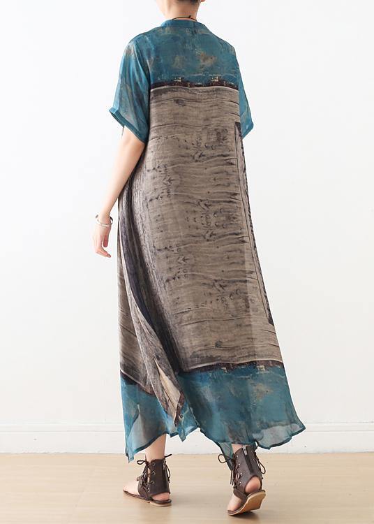 Bohemian Blue Print Button Vacation Summer Chiffon Dress - Omychic