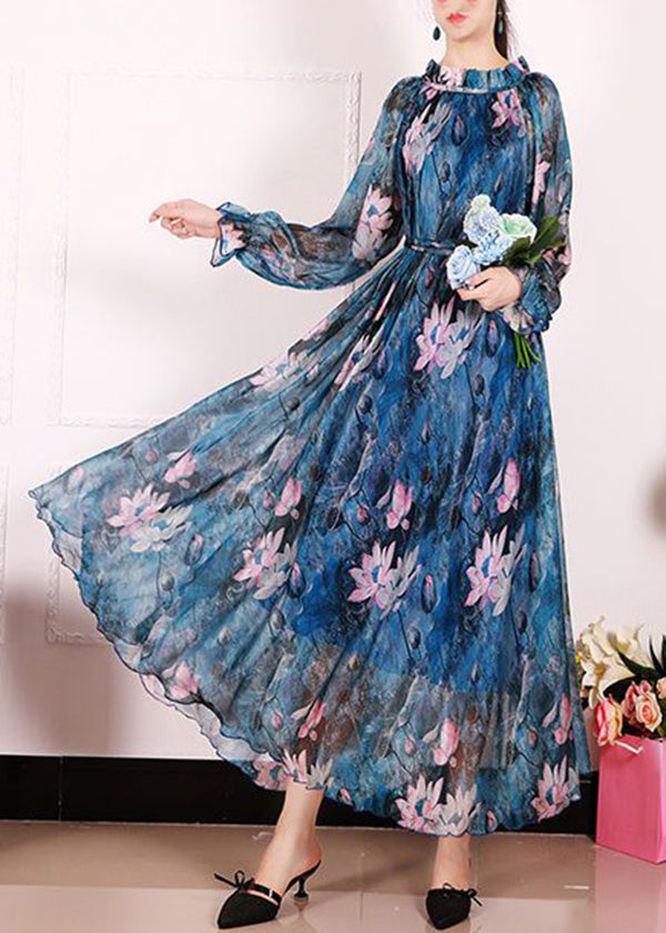 Bohemian Blue Print Exra Large Hem Chiffon Beach Dresses Spring