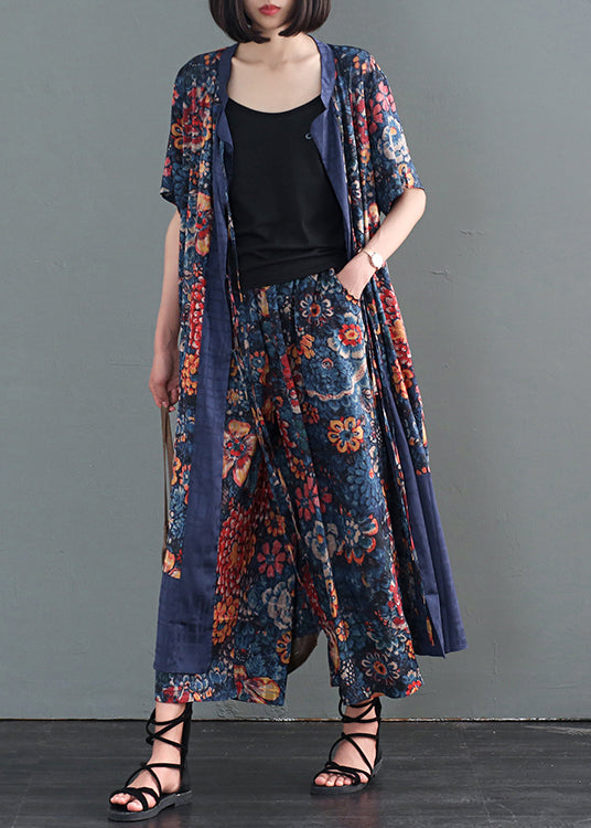 Bohemian Blue Print Patchwork Lace Up Silk Two Pieces Set Fall