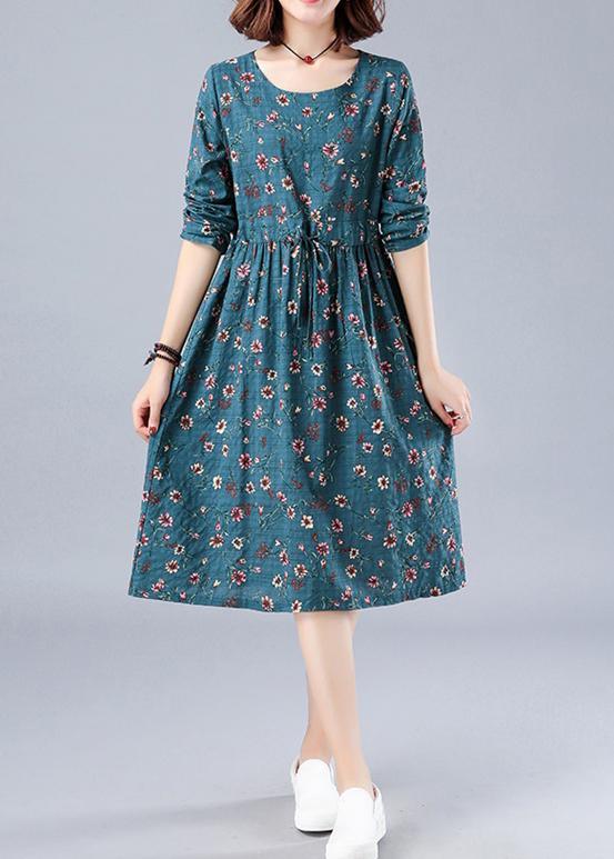 Bohemian Blue Print Robes O Neck Drawstring Daily Spring Dresses - Omychic